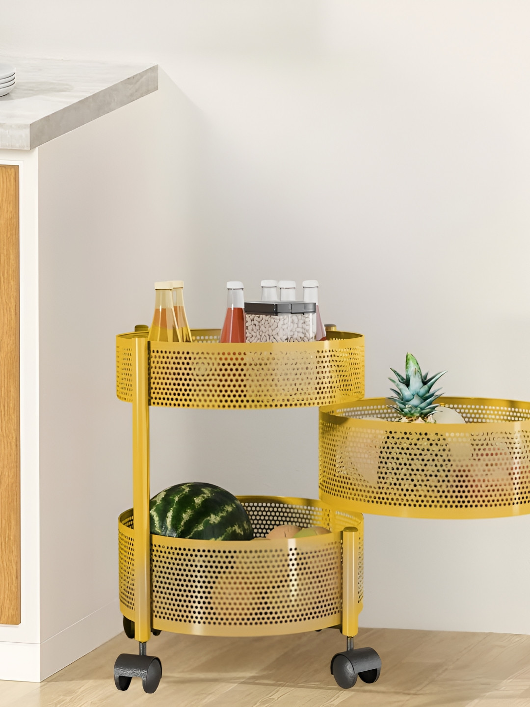Go Hooked Storage Rack Golden 3 Layer Metal Trolley Rack with Wheels