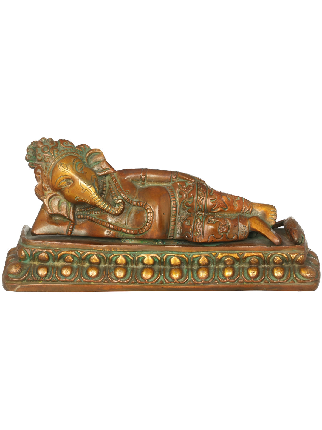 Exotic India Relaxing Ganesha Gold Brass Metallic Living Room Hand Made Small Showpiece - 3.3 Inches