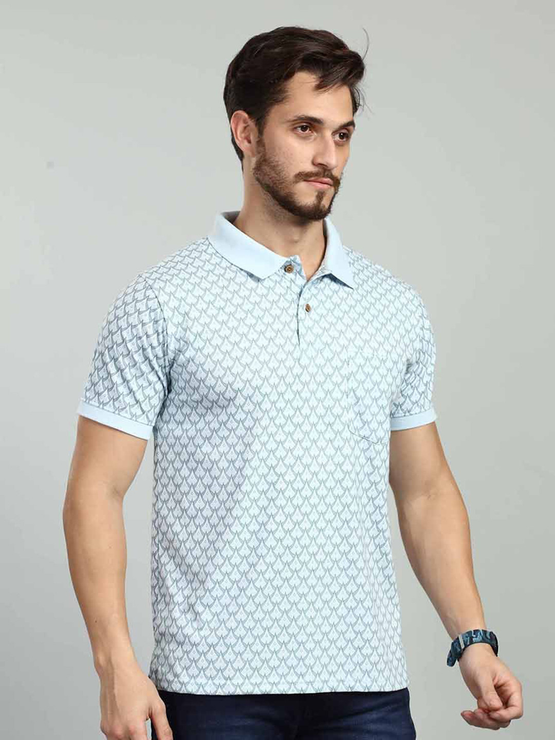 BE POSITIVE Blue Geometric Polo Collar Cotton Casual T-shirt