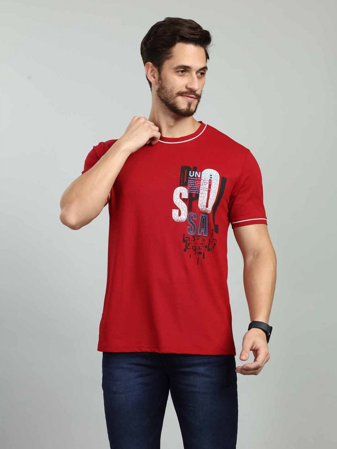 Red Typography Printed Round Neck Regular Fit T-shirt