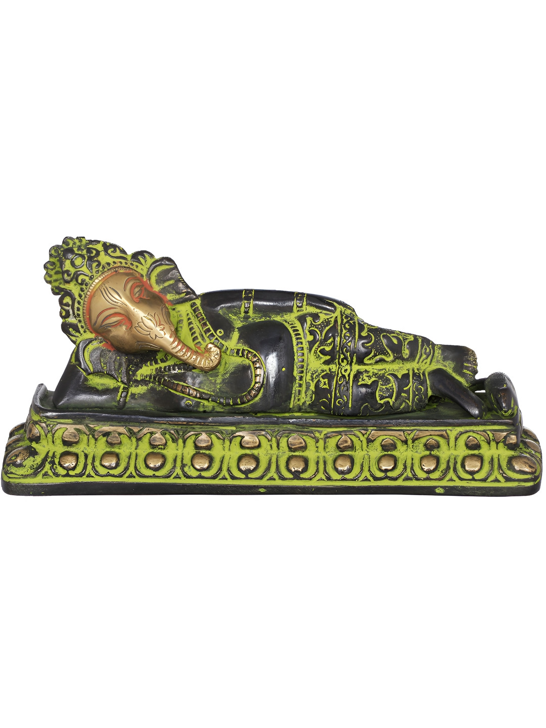 Exotic India Relaxing Ganesha Green Brass Metallic Prayer Room Hand Made Medium Showpiece - 3.3 Inches