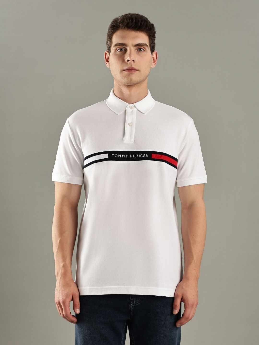 Tommy Hilfiger U S Brand Logo Self Design Polo Collar Pure Cotton T-Shirt