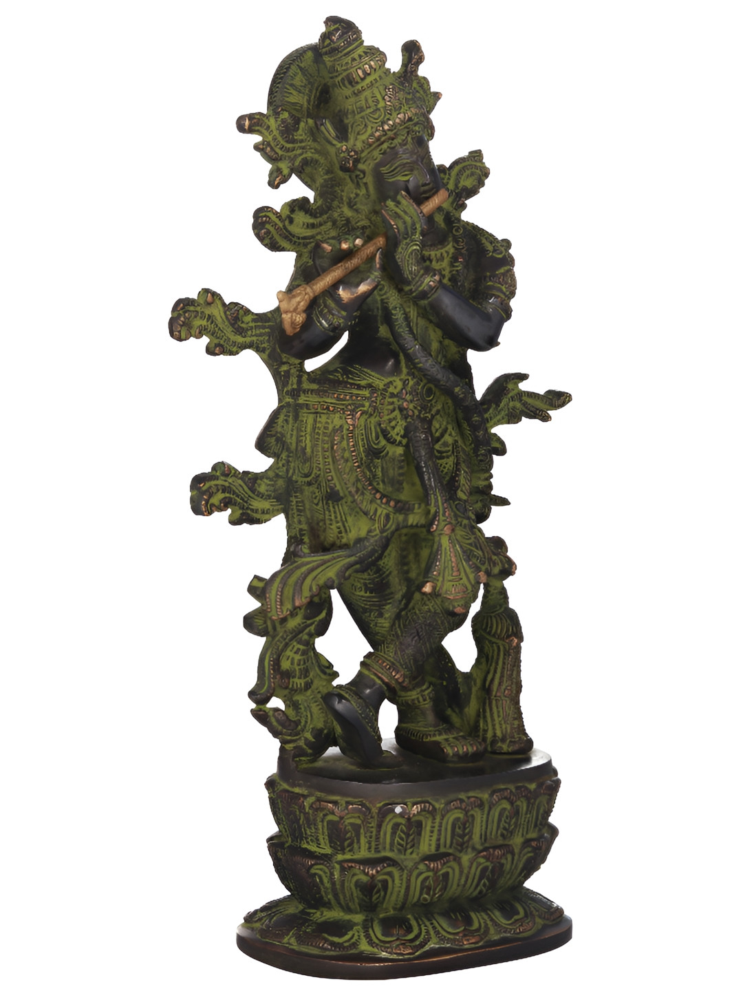 Exotic India Lord Krishna Playing Flute Green Brass Metallic Prayer Room Hand Made Medium Showpiece - 12 Inches