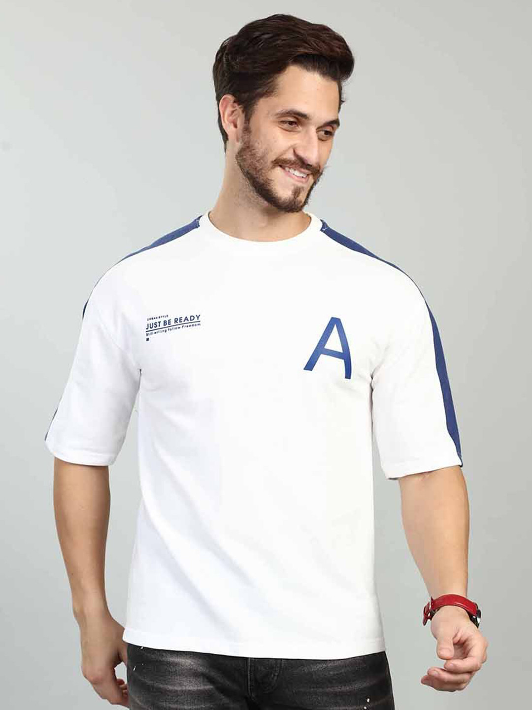BE POSITIVE Typography Printed Pure Cotton Drop Shoulder T-shirt