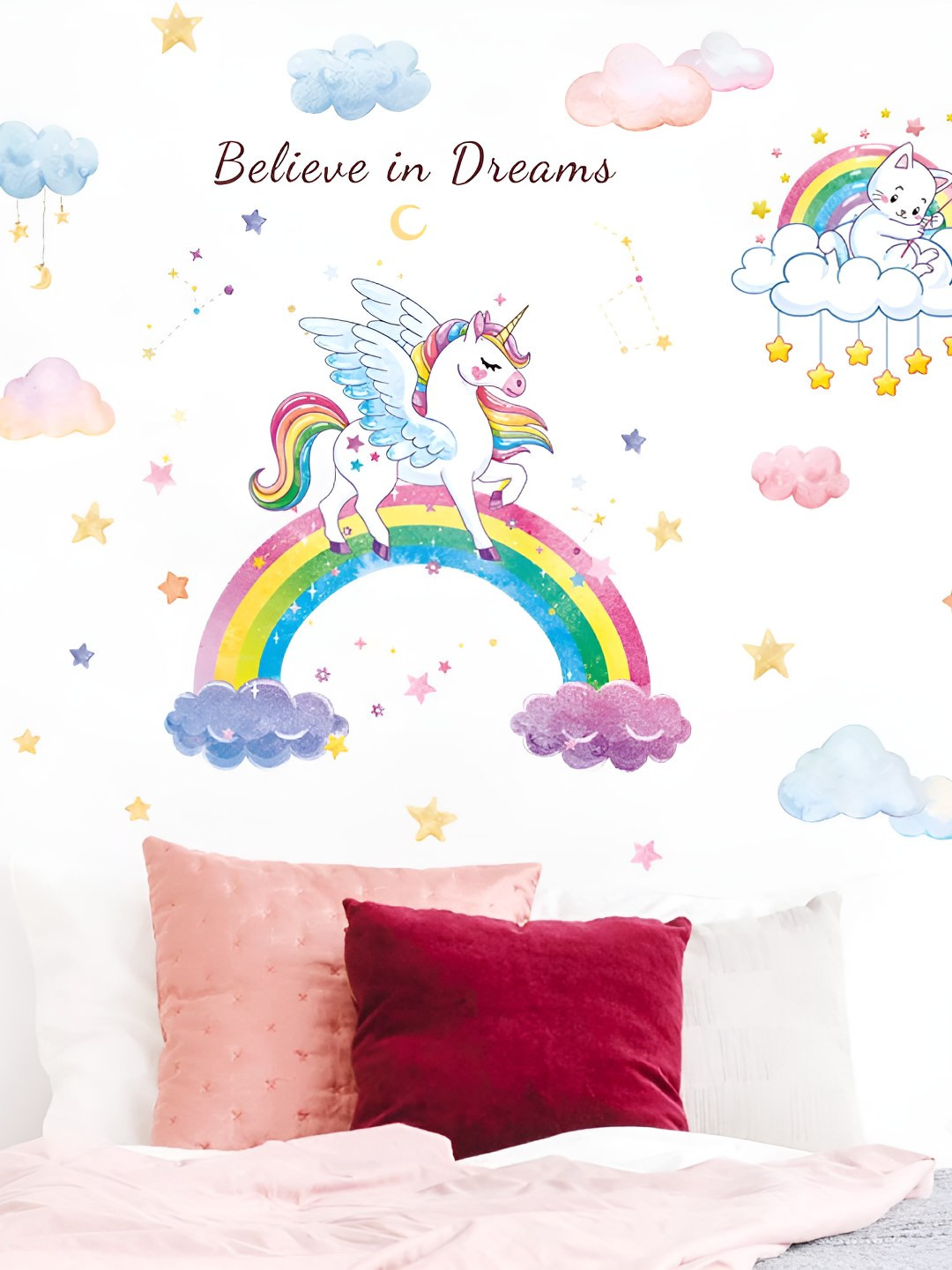 INDIAN ROYALS White & Pink Unicorn Printed Self-Adhesive & Durable Wall Sticker