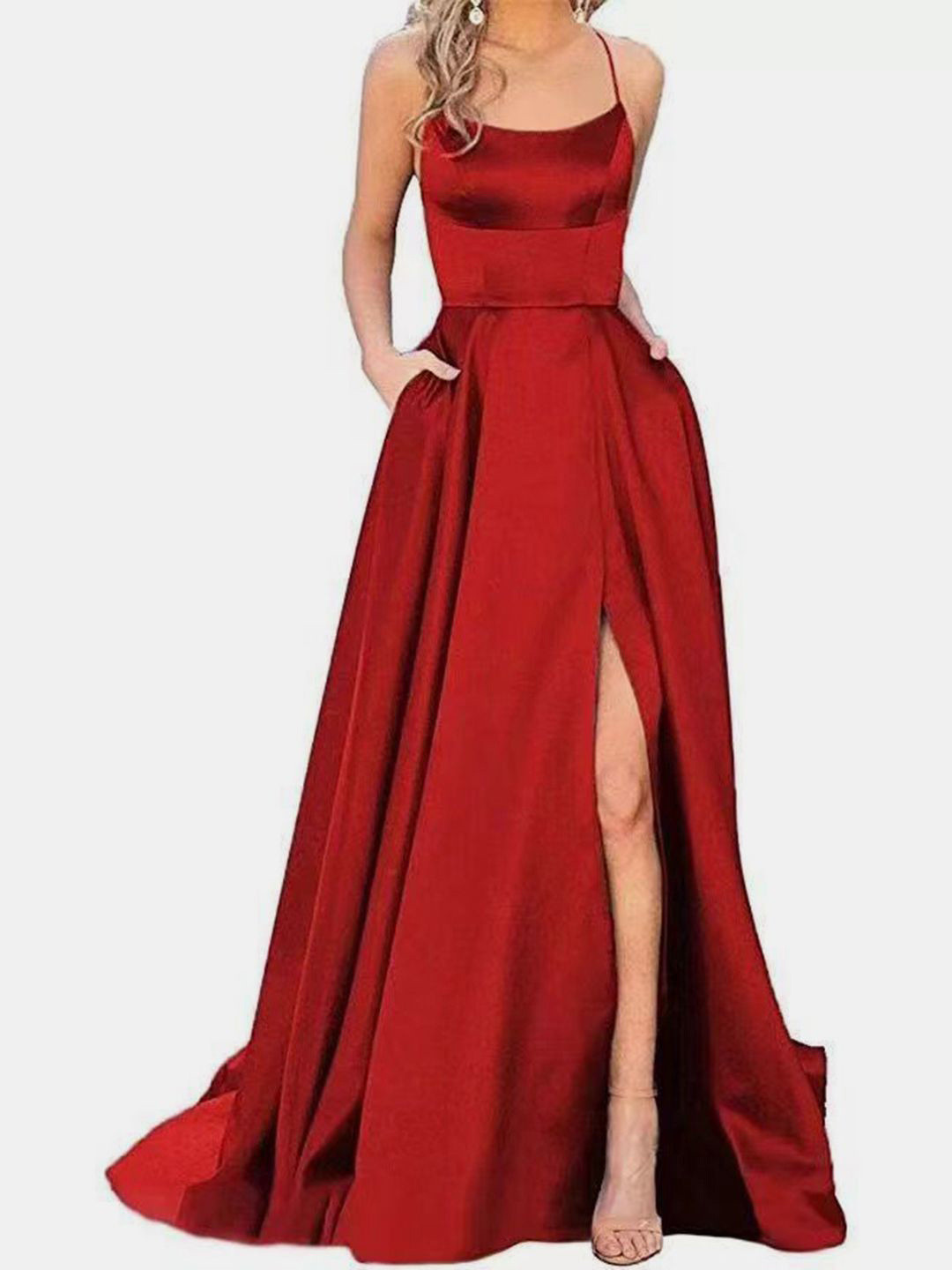 bebe Red Spaghetti Strap Fit & Flare Maxi Gown Dress with Slit