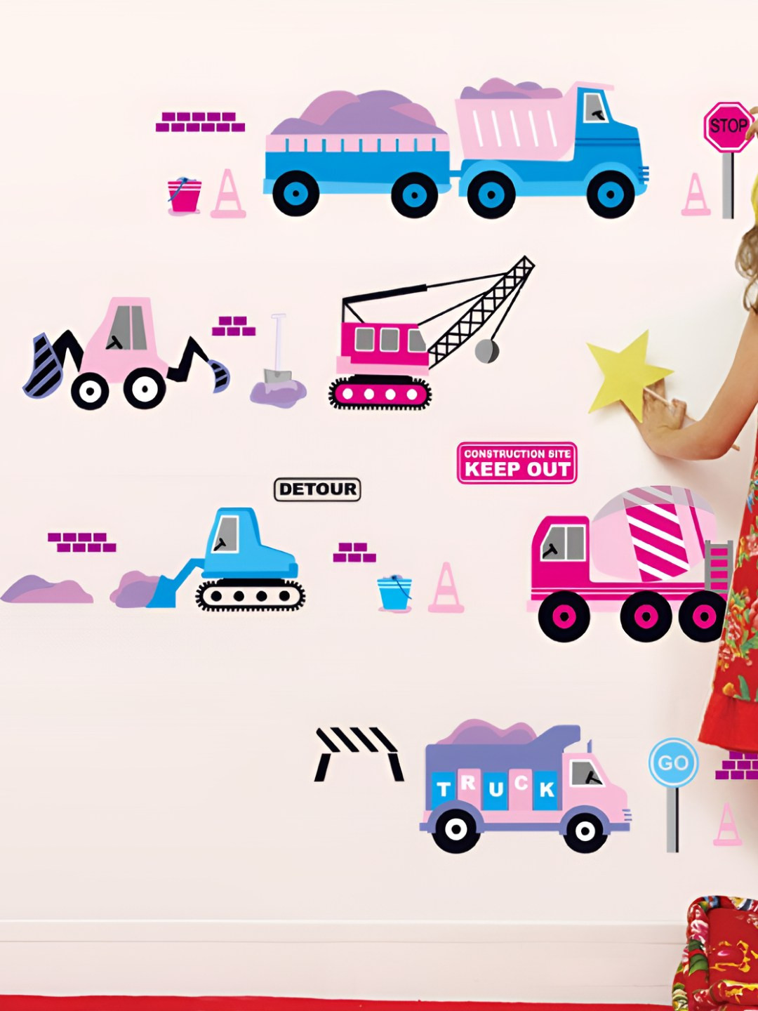 INDIAN ROYALS Pink & Blue Train Crane Hook Machine Cars Printed Waterproof Wallpaper