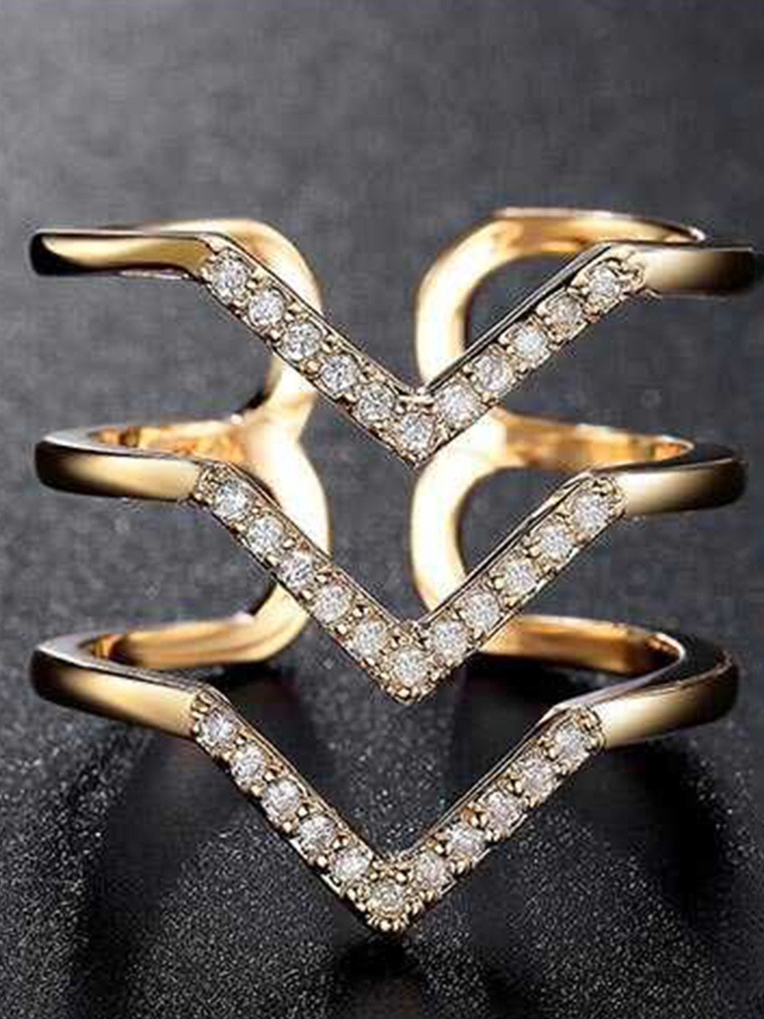 Bling Queen Gold-Plated Studded Three-Tier Wishbone Open Wave Ring