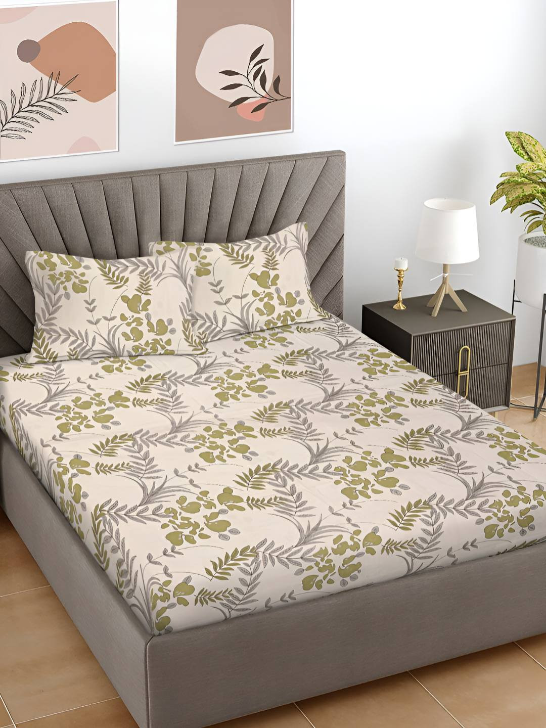 FABINALIV Live Beautiful Beige Floral Cotton Skin-Friendly 300 TC King Fine Bedsheet with 2 Pillow Covers-250 x 225 cm