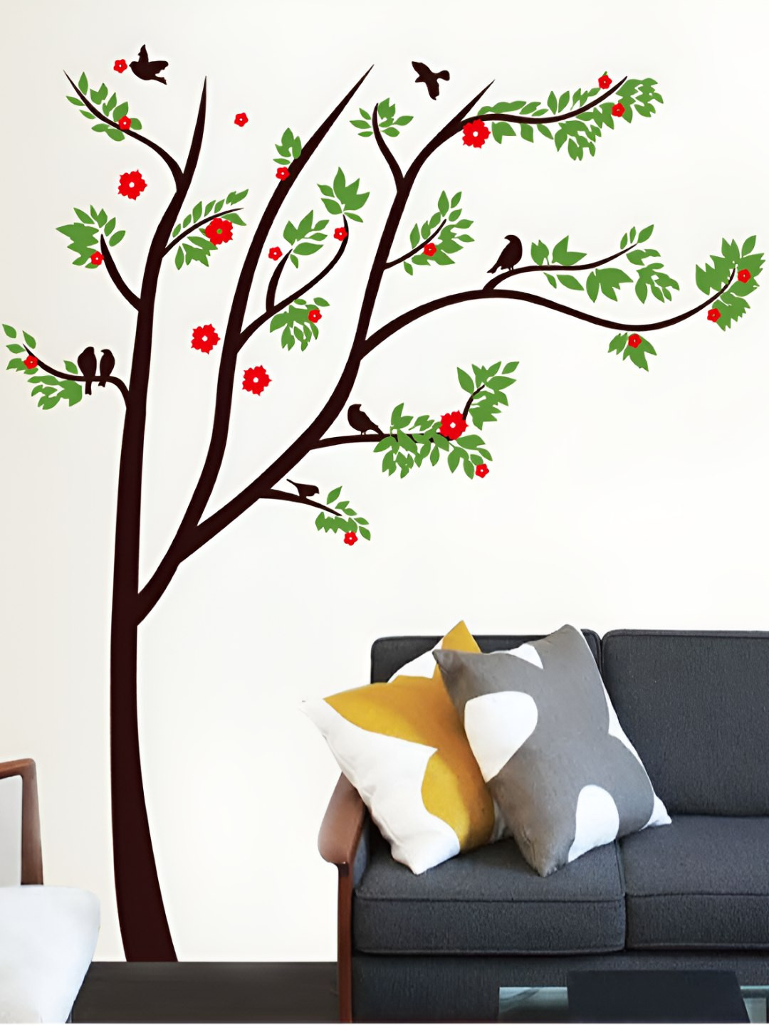 INDIAN ROYALS Green & Red Tree With Bird Printed Self-Adhesive & Durable Wall Sticker