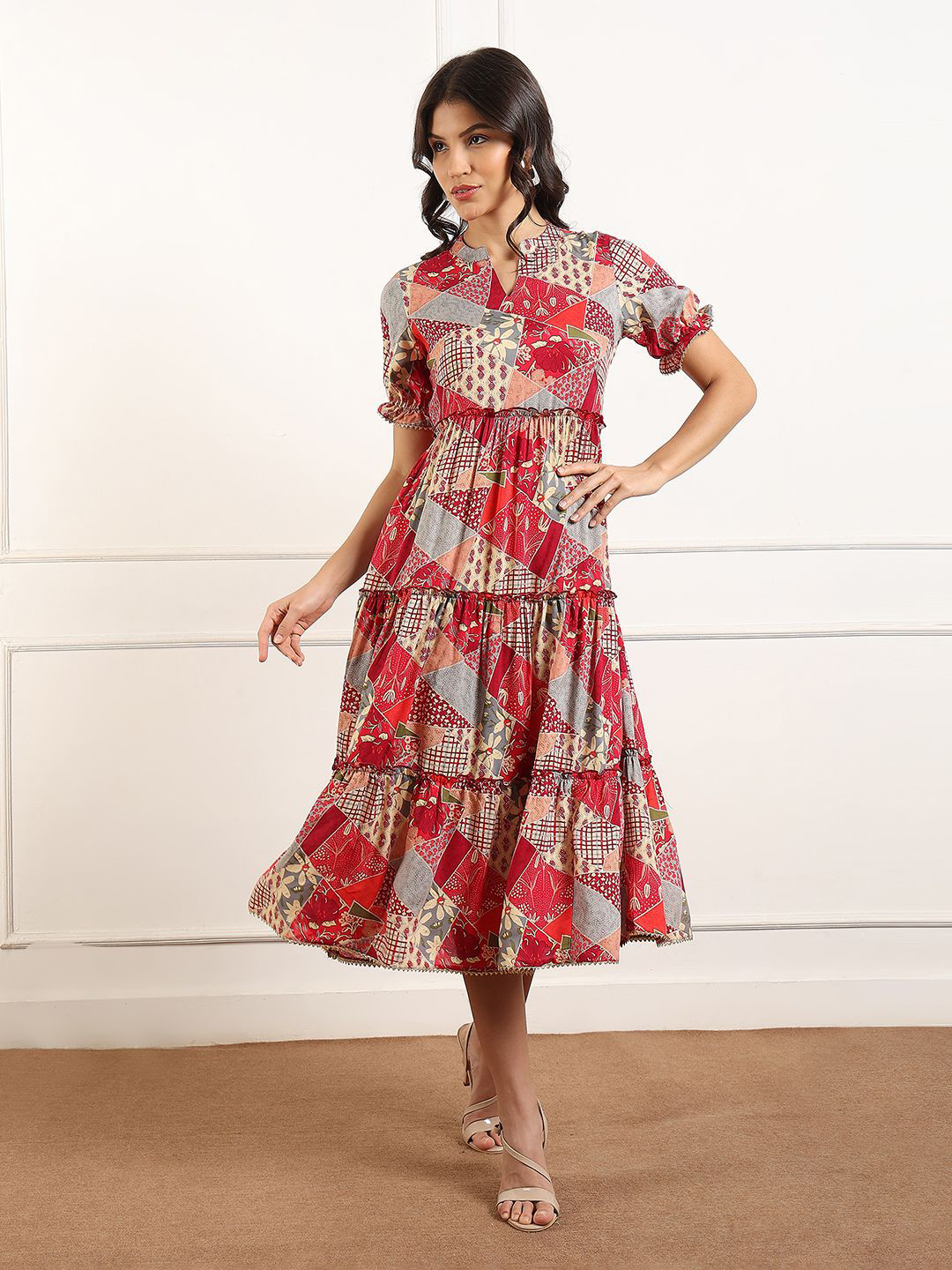 True Shape Women Floral Print Plated Mandarin Collar Fit & Flare Midi Dress