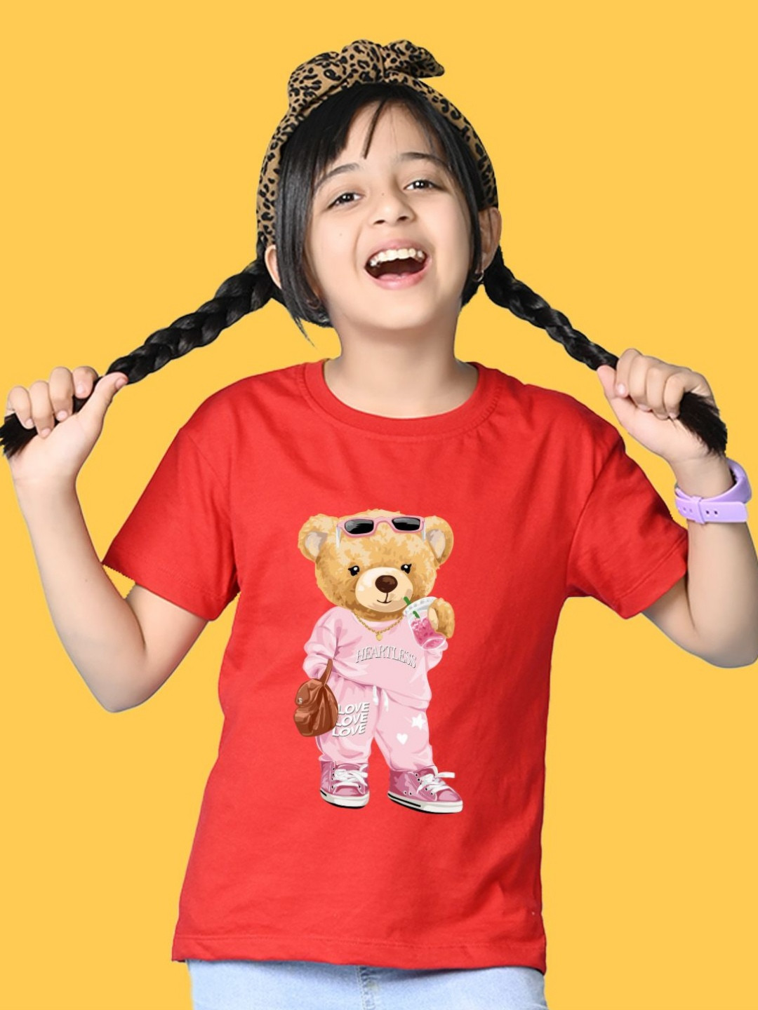 NUSYL Girls Bears Printed Round Neck Short Sleeves Oversized T-shirt