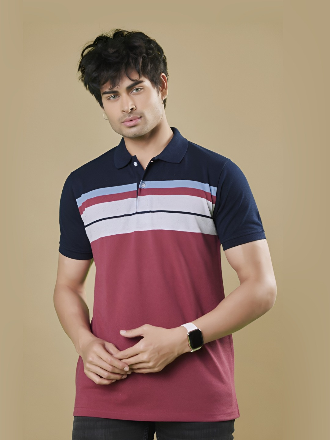 3BROS Men Cotton Striped Polo Collar T-shirt