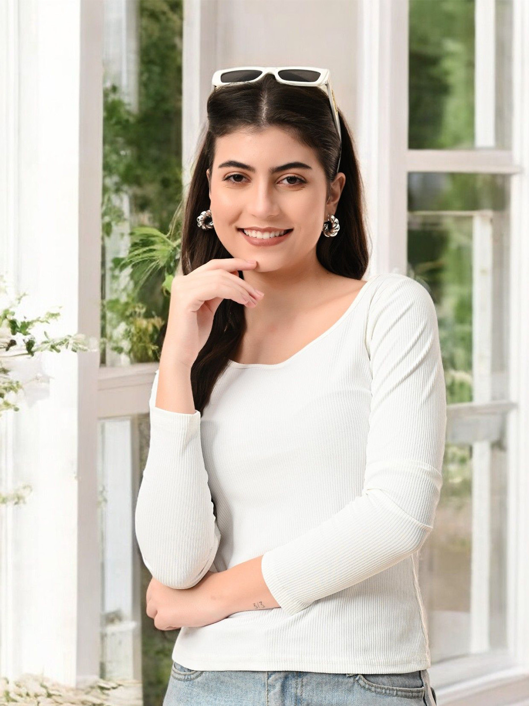IUGA Women Ribbed Scoop Neck Long Sleeve Fitted Top