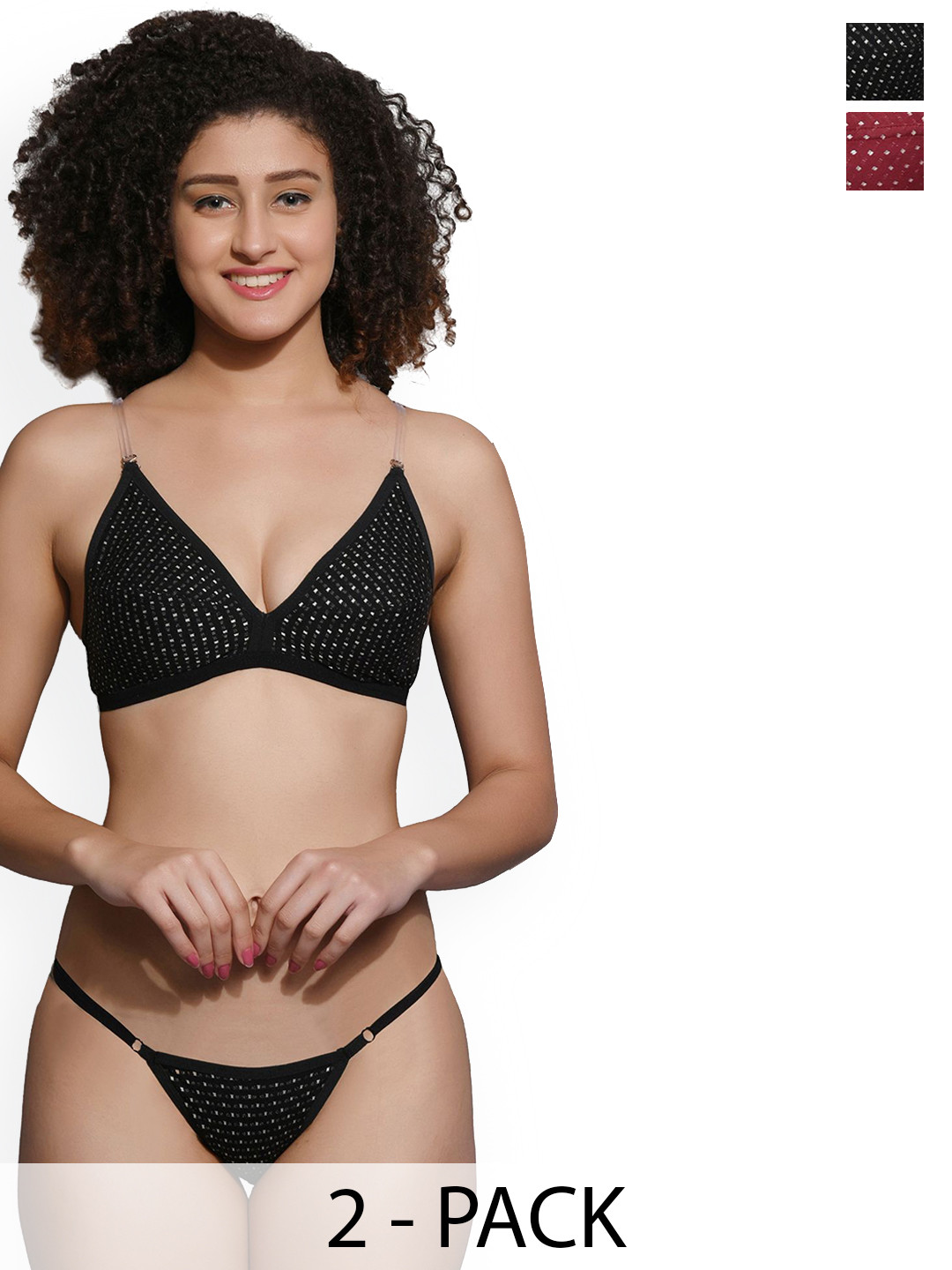 Love Maker Pack Of 2 Polka Dot Printed Non-Padded Lingerie Set LVM-BIJLI-BLK-MRN-30B