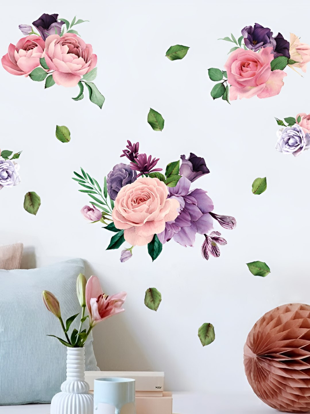 INDIAN ROYALS Pink & Purple Tropical Palm Leaf Plants Self Adhesive Wall Sticker