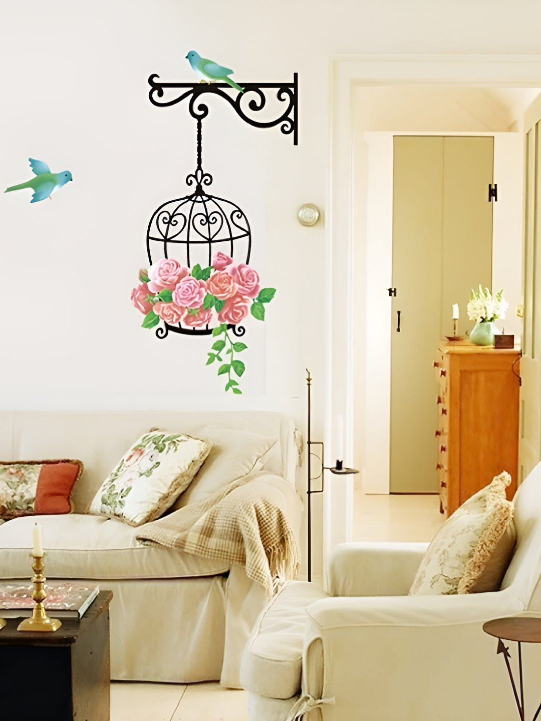 INDIAN ROYALS Green & Pink Floral Cage Printed Self-Adhesive WallStickers