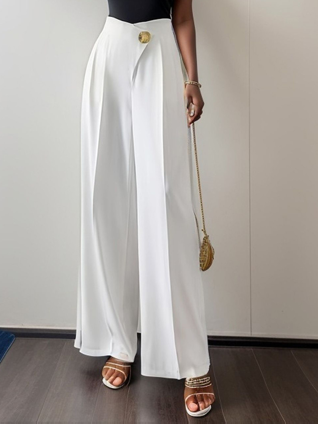 bebe White High Waist Asymmetric Button Wide Leg Trouser