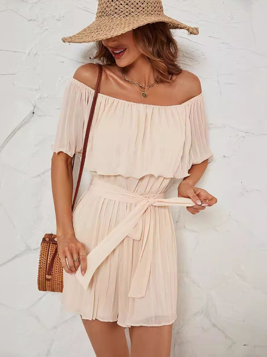 Outzidr Women Cream Off-Shoulder Pleated Dress