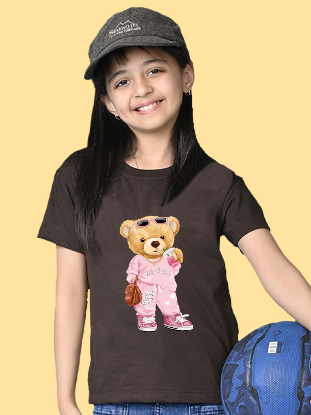 NUSYL Girls Cute Bears Printed Round Neck Short Sleeves Oversized T-shirt