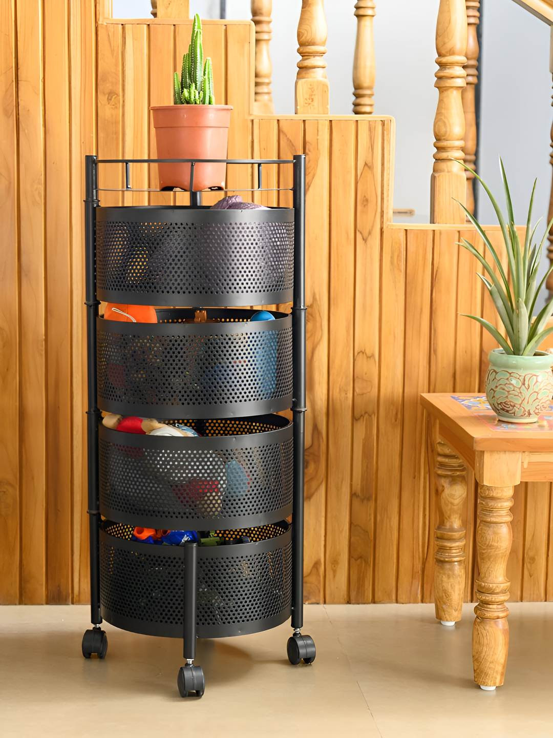 TEX-RO Black 4 Layer Metal Round Kitchen Trolley With Wheels