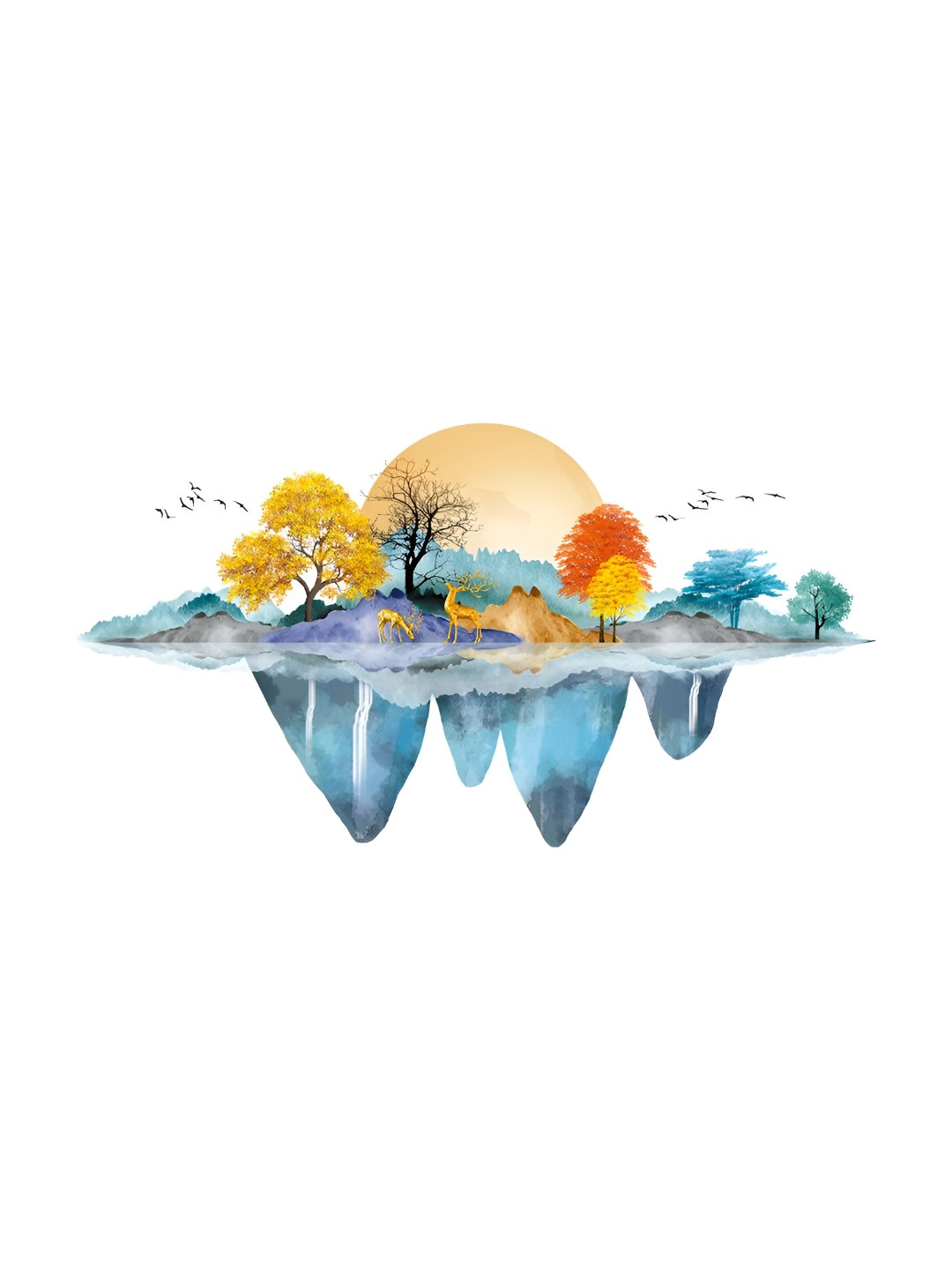 INDIAN ROYALS Blue & Yellow Hill With Animals Landscape Wall Art Decoration Wall Sticker