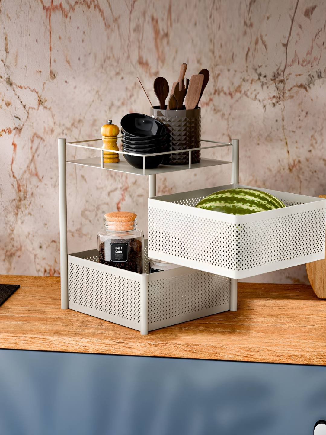 TEX-RO White 2 Layer Metal Kitchen Trolley With Wheels