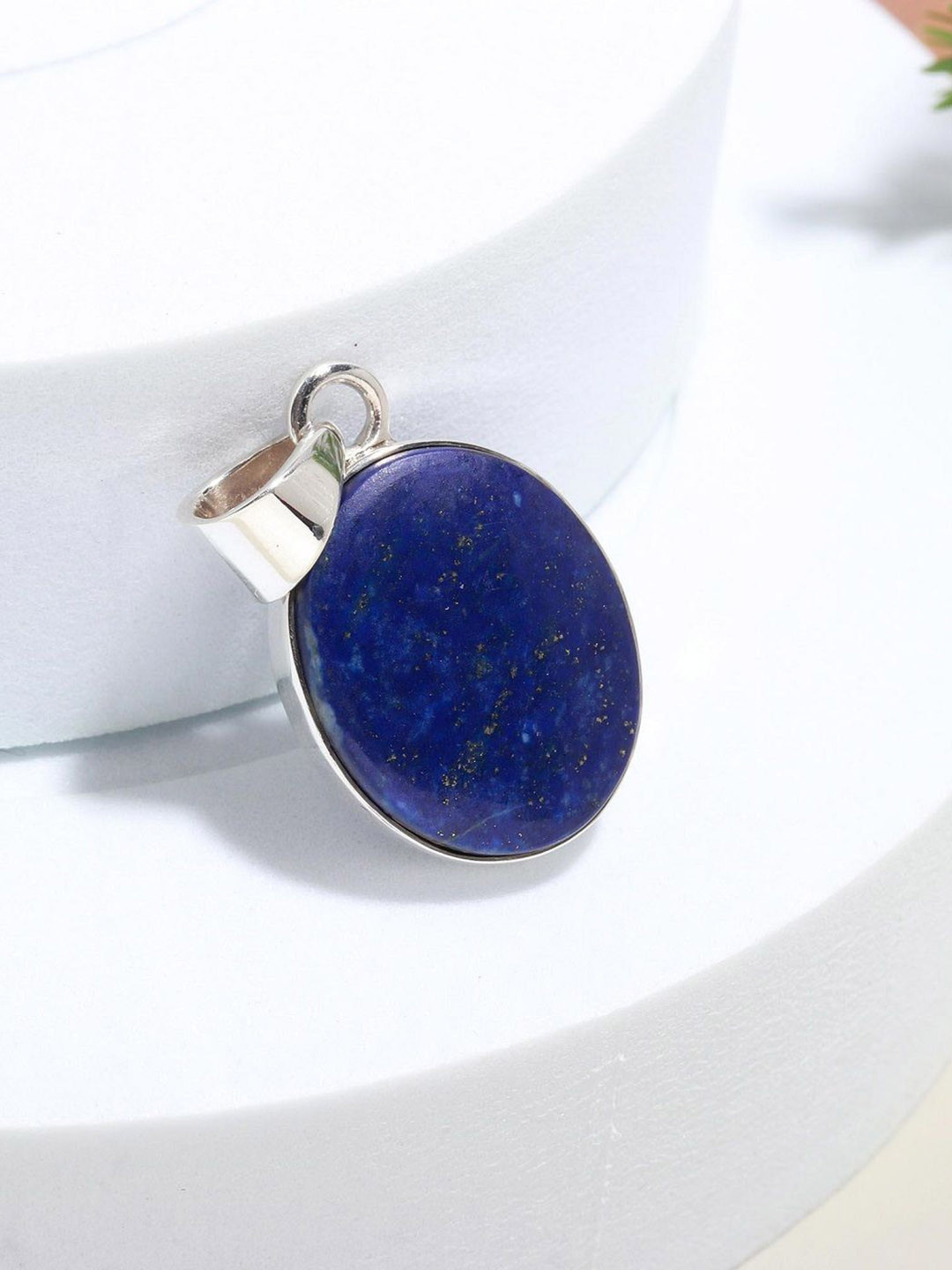 ORO ALMA Silver Rhodium-Plated Lapis Lazuli Studded Oval Pendant