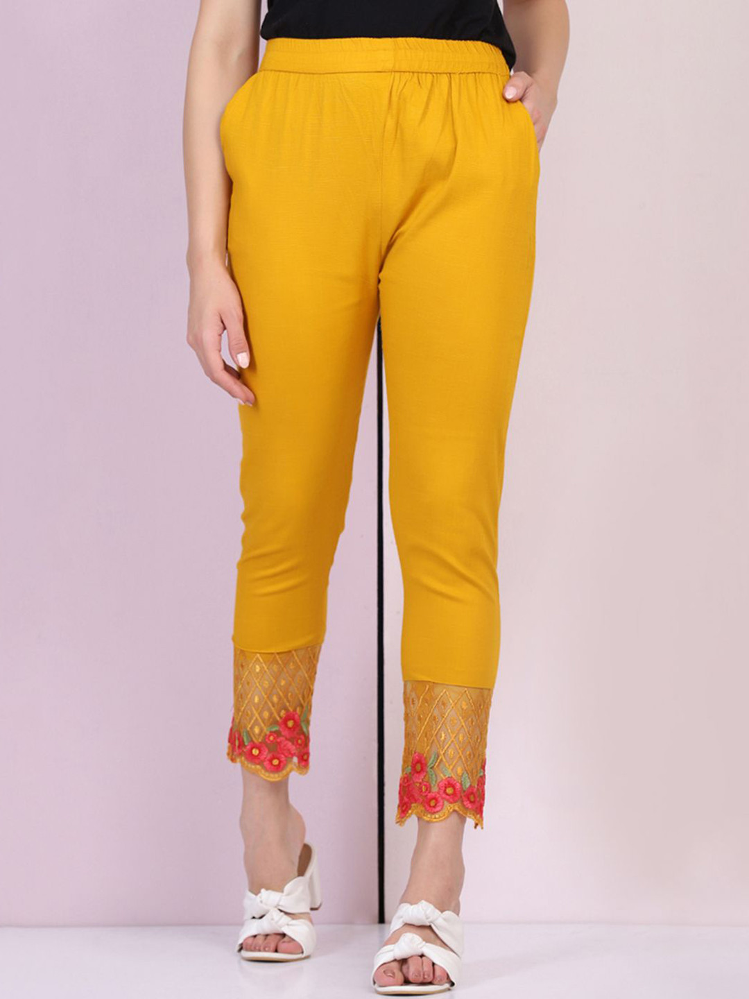 BUY NEW TREND Mid Rise Skinny Fit Cotton Trousers With Lace Details