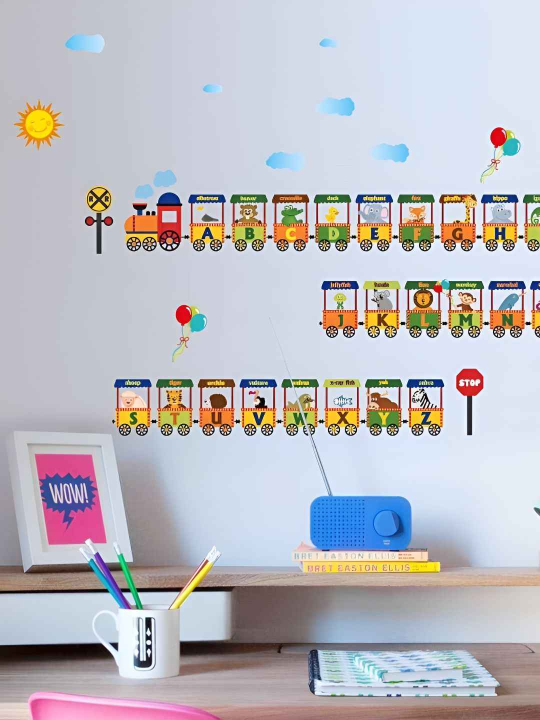 INDIAN ROYALS Blue & Yellow Cartoon Alphabetical Train Printed Self-Adhesive & Durable Wal