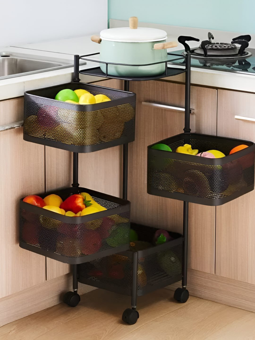 TEX-RO Black 4 Layer Metal Kitchen Trolley With Wheels