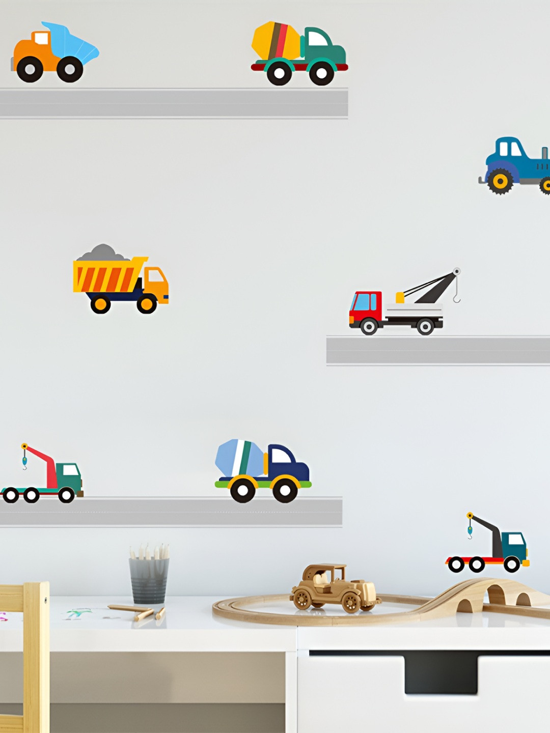 INDIAN ROYALS Blue & Green Tractor & Crane Bus Self Adhesive Waterproof Wall Stickers