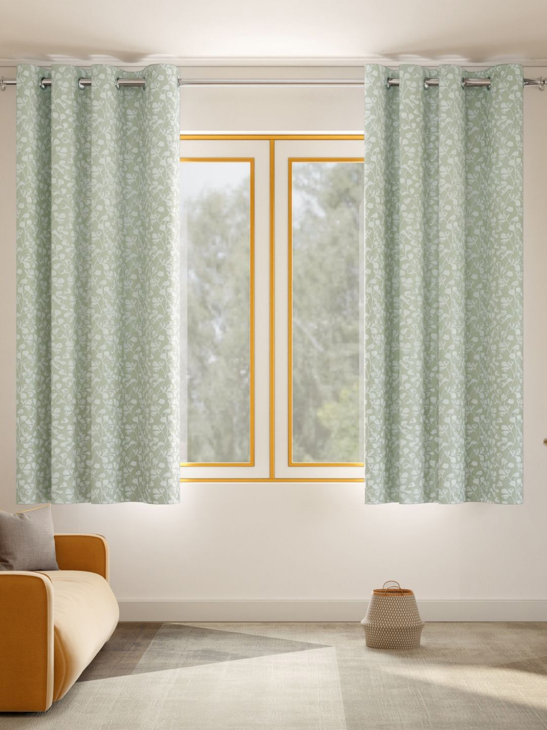 haus & kinder Ginkgo Serenity Green 2 Pieces Embroidered Room Darkening Window Curtains