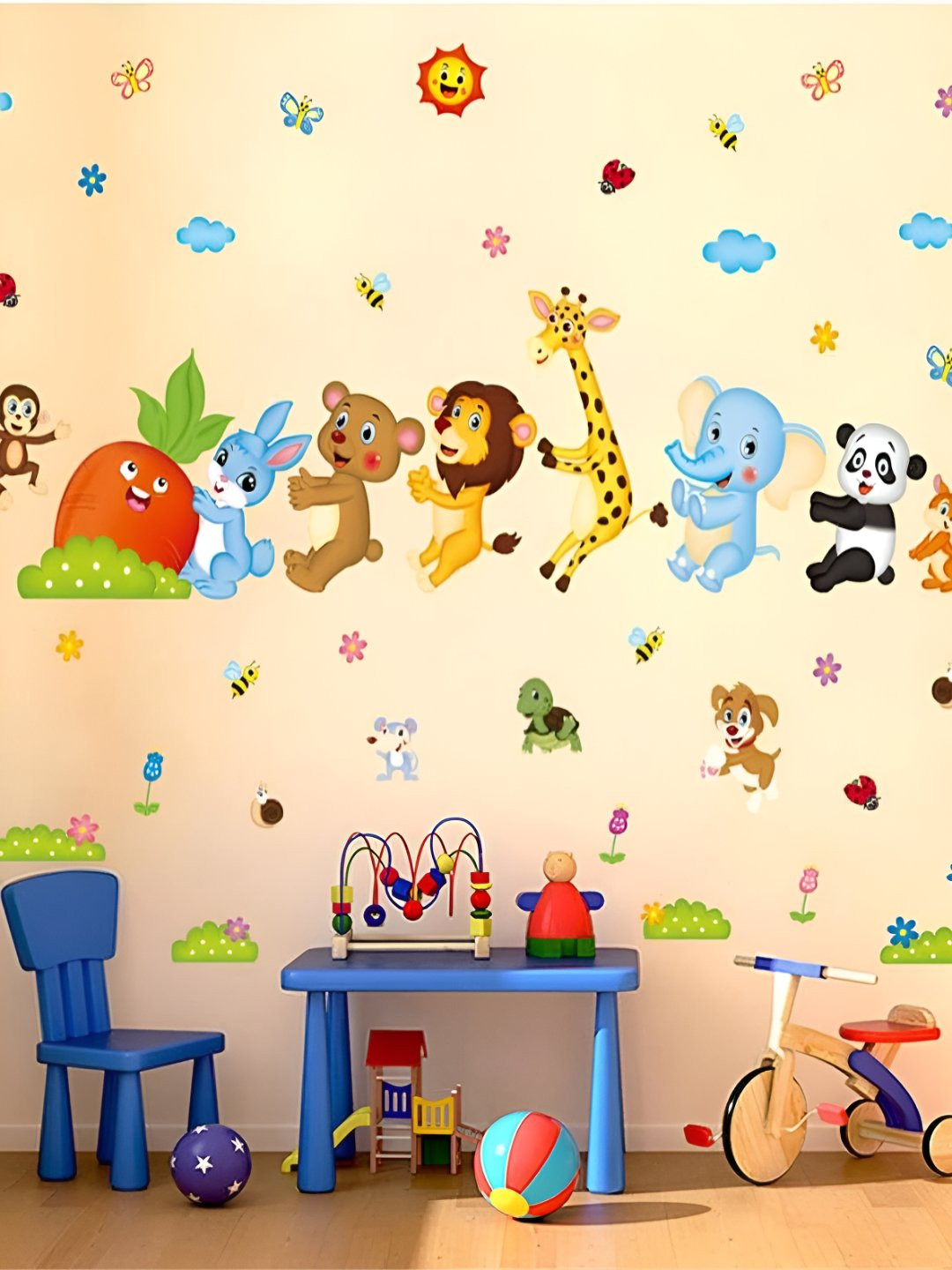 INDIAN ROYALS Red & Green Cartoon Animals in Row Design Self Adhesive Wall Sticker