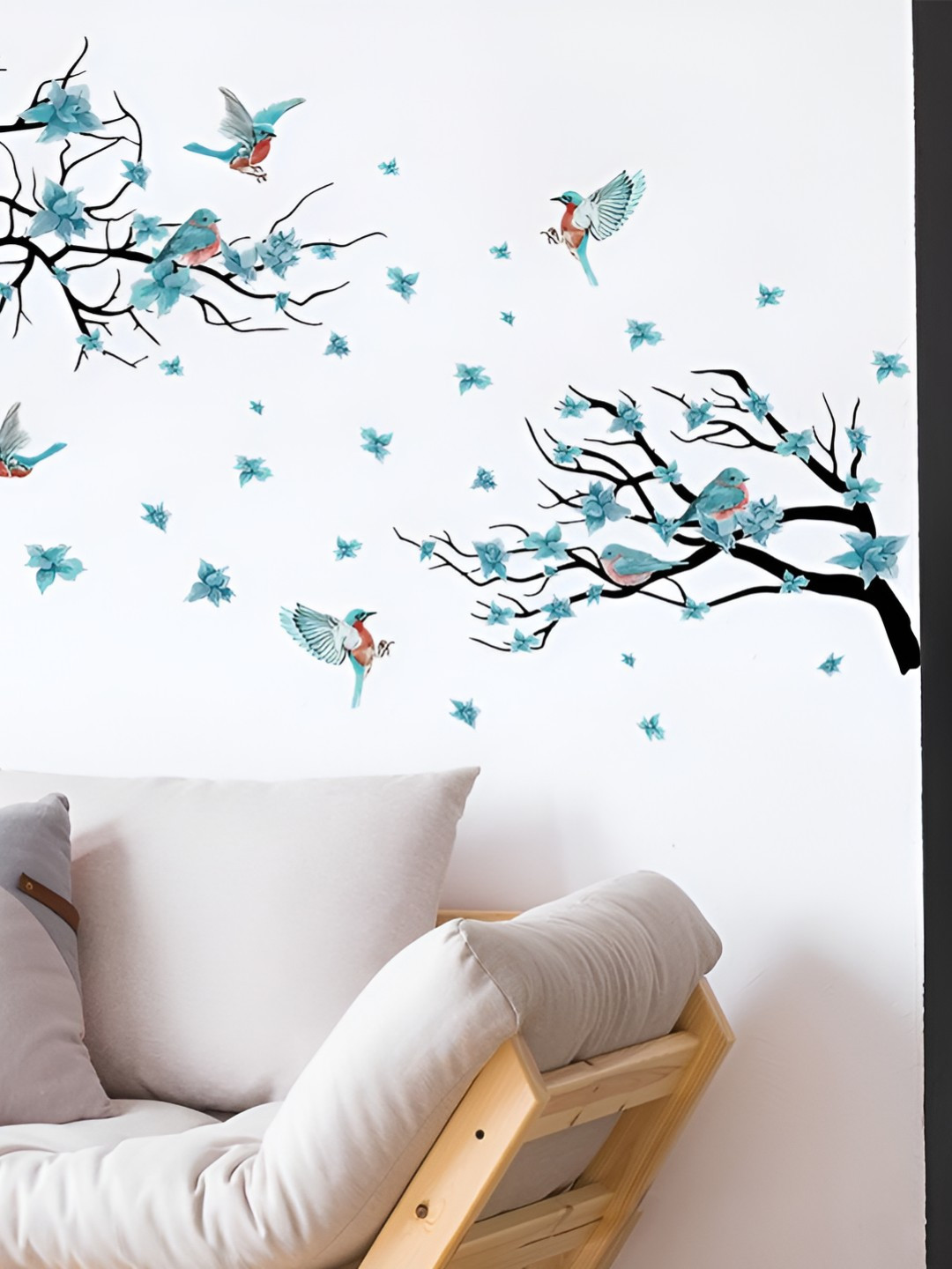 INDIAN ROYALS Skyblue & Black Flower On The Branches & Birds Self Adhesive Wall Sticker