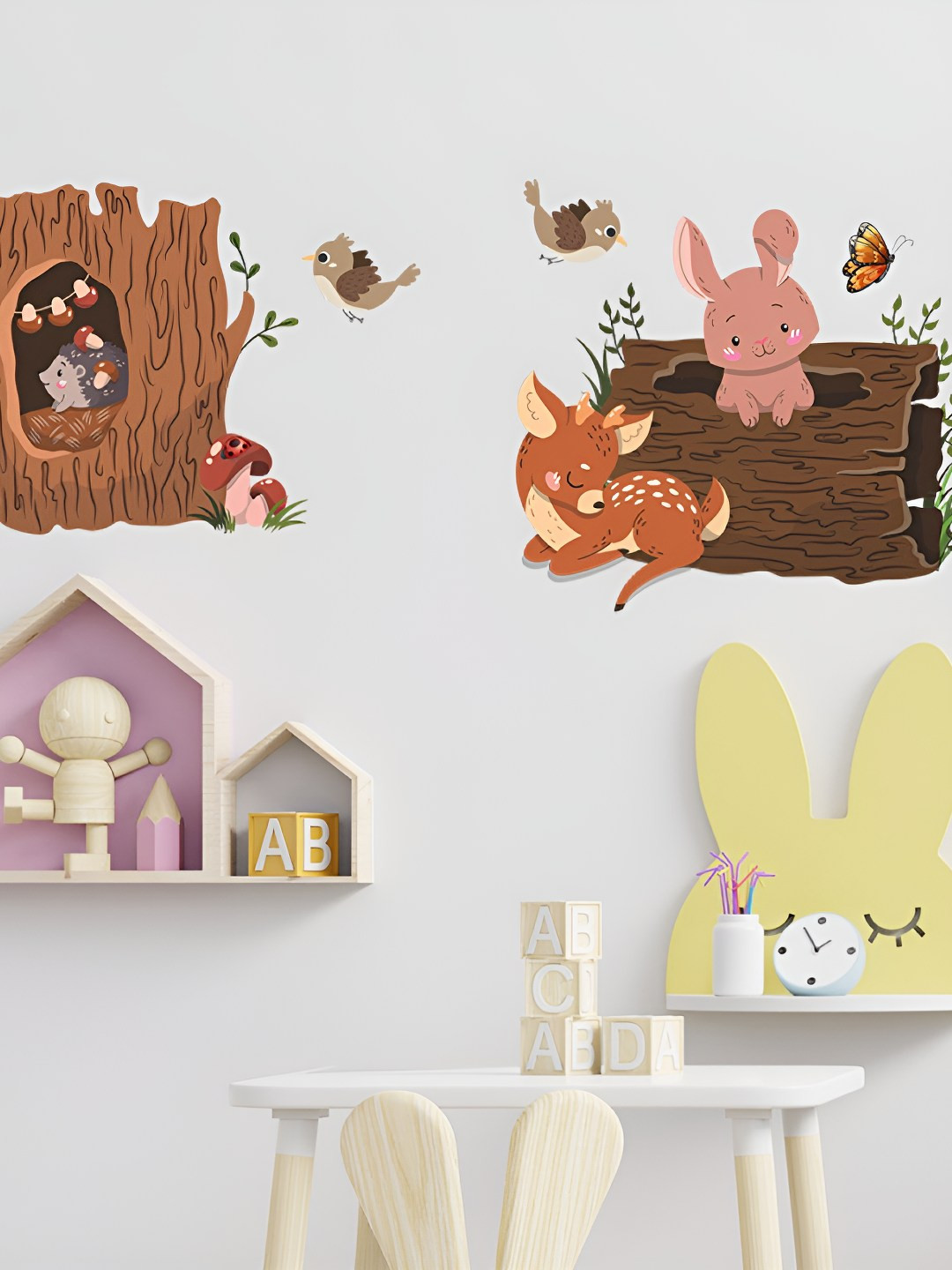 INDIAN ROYALS Yellow & Brown Small Animal Tree Hole Deer Rabbit Playing Wall Sticker