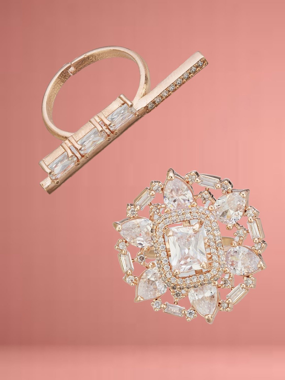 ATIBELLE Set Of 2 Rose Gold-Plated Cubic Zirconia Studded Fusion Finger Ring