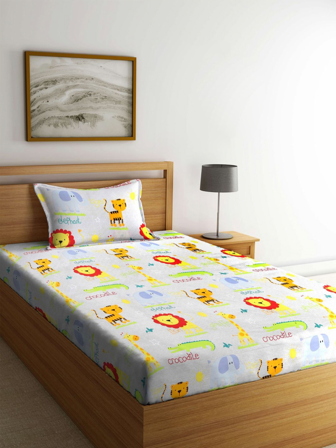 Aura Grey Cartoon Characters Cotton Skin-Friendly 350 TC Fitted Single Superfine Bedsheet with a Pillow Cover-85 x 59 inches