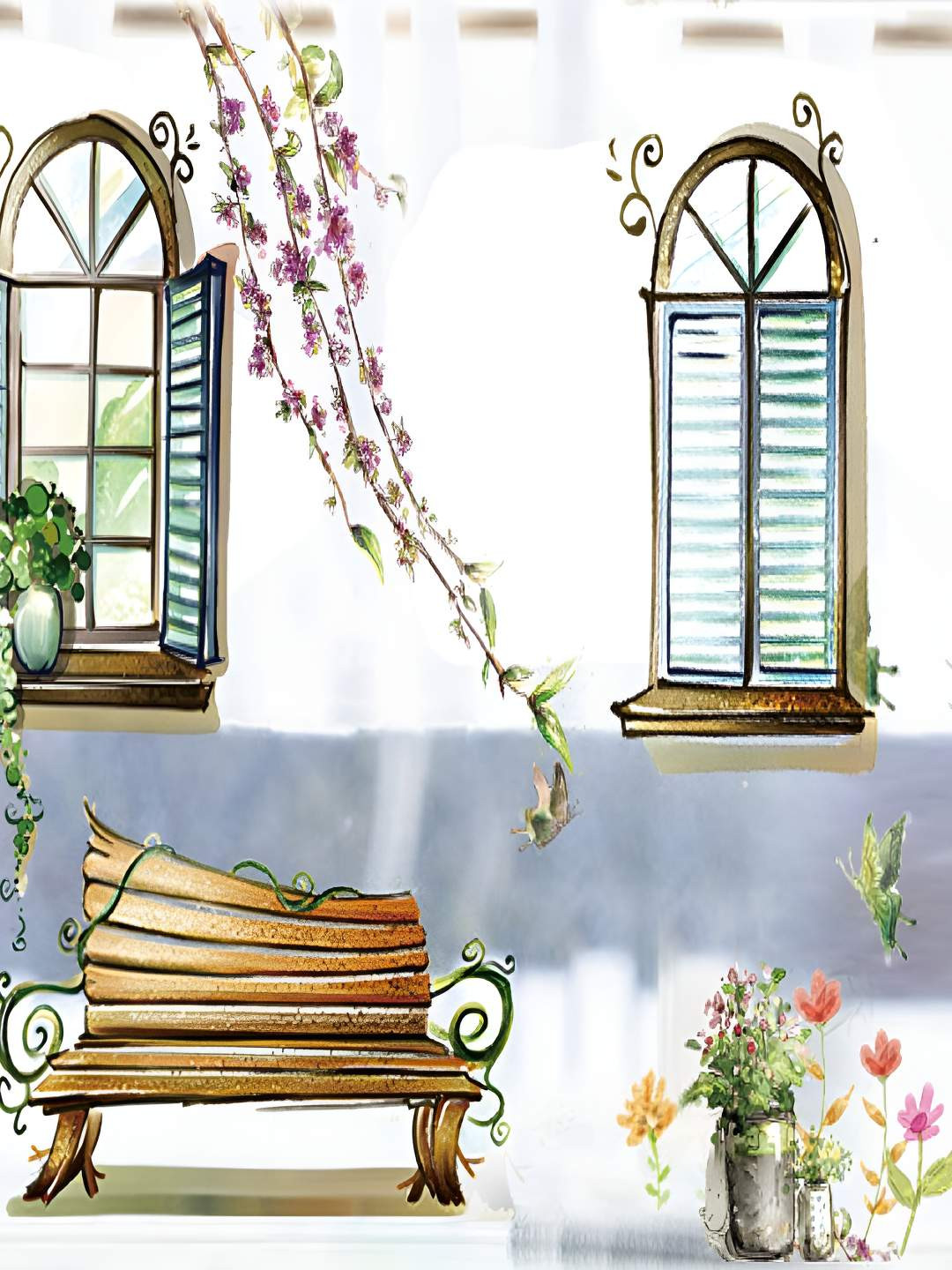 INDIAN ROYALS Brown & Green Pastrol Style Fake Window Printed Self-Adhesive Wall Stickers