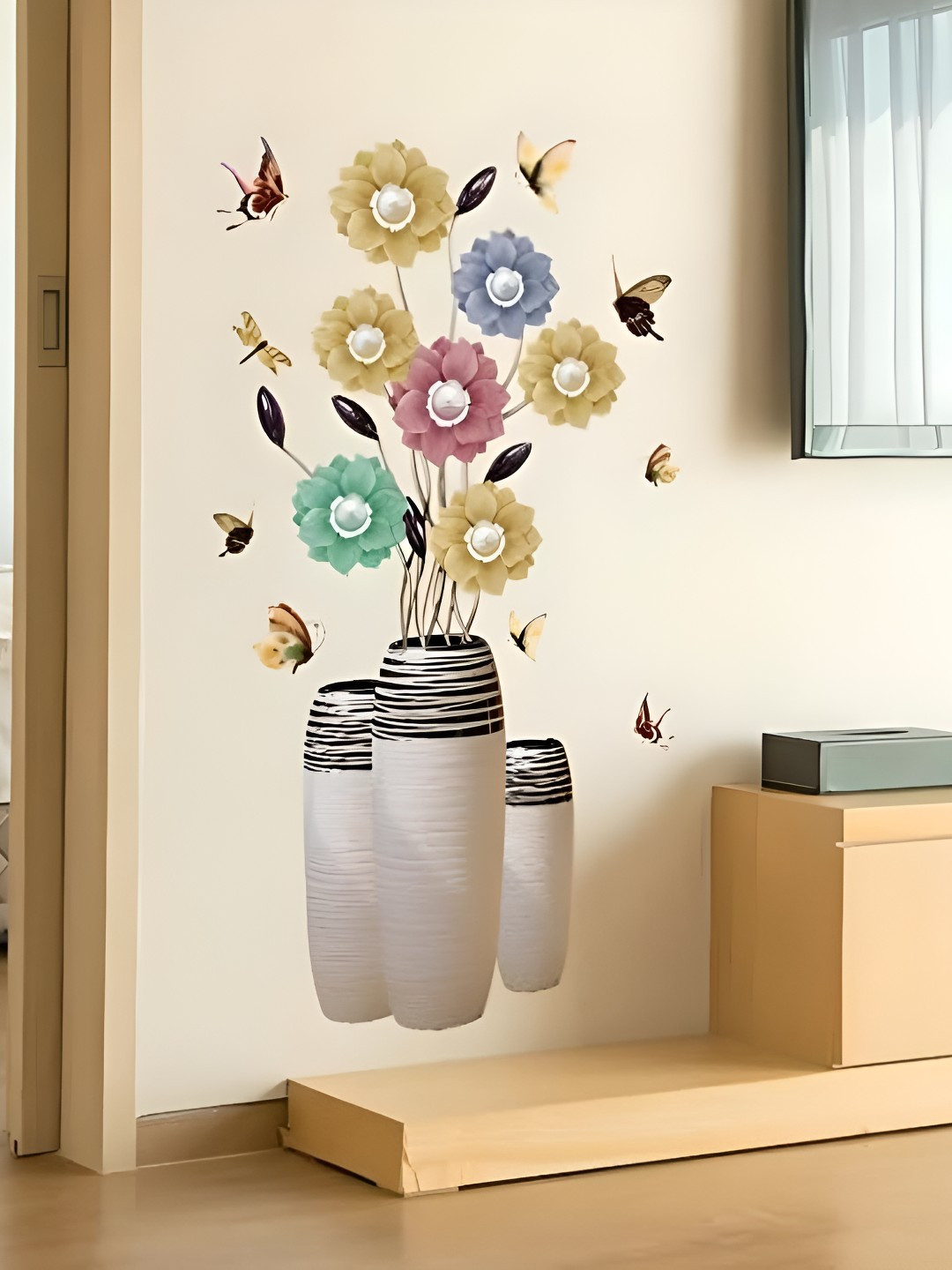 INDIAN ROYALS Beige & Yellow Three Vase With Flower Printed Waterproof Wallpaper