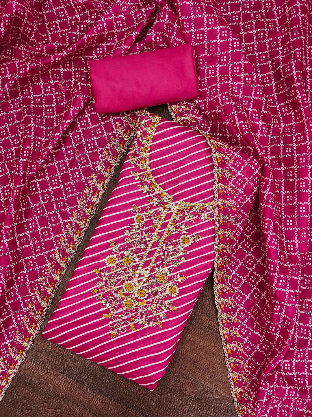 Peachmode Leheriya Printed Embellished Muslin Unstitched Dress Material