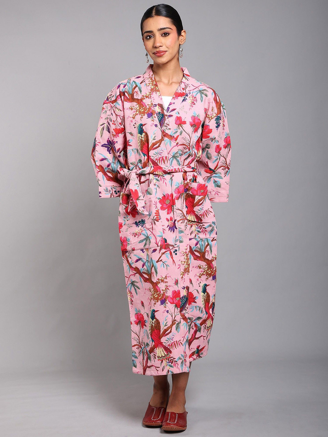 Exotic India Cotton Robe With Printed Tree Branch & Front Pockets