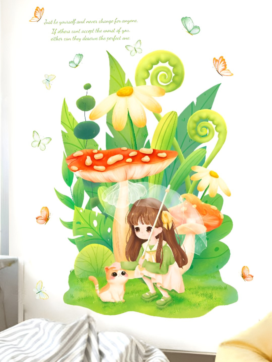 INDIAN ROYALS Green & Red Beautiful Girl & Cat With Umbrella Self Adhesive Wall Sticker