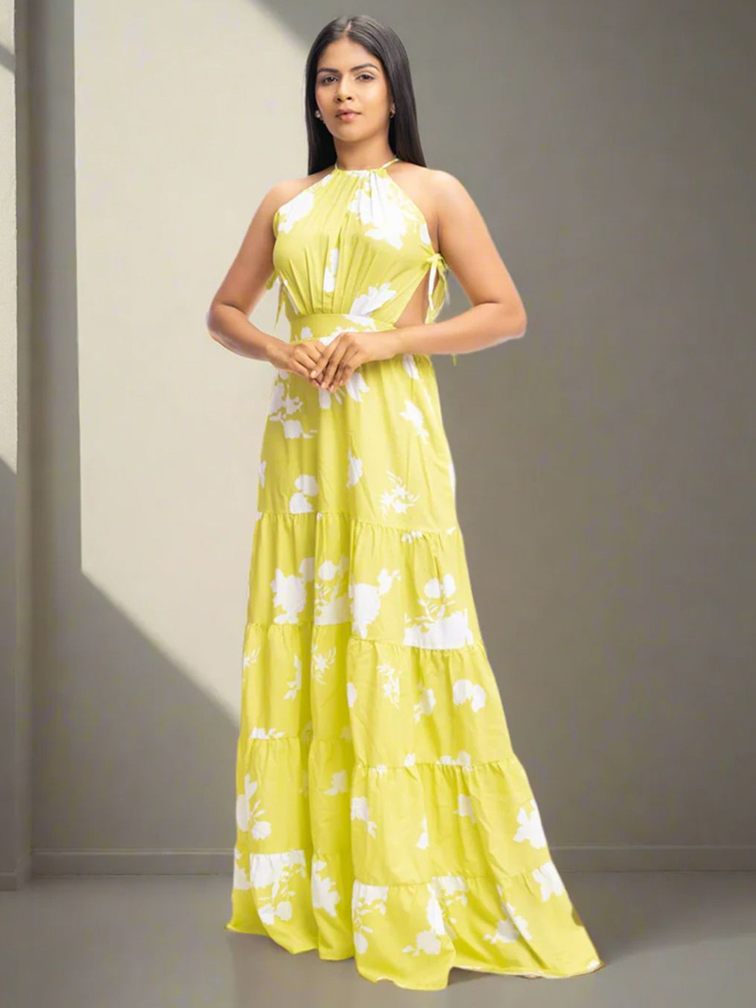 DRESICO Floral Printed Halter Neck Side Cut-Outs Maxi Dresses