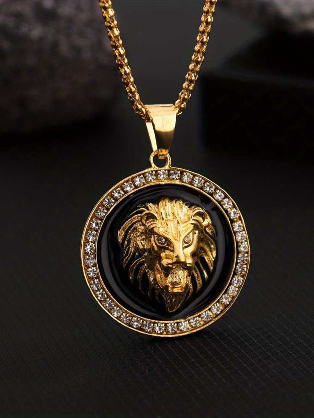 Bling Queen Gold-Plated StainlessSteel Cubic-Zirconia Studded Lion Head Pendant With Chain