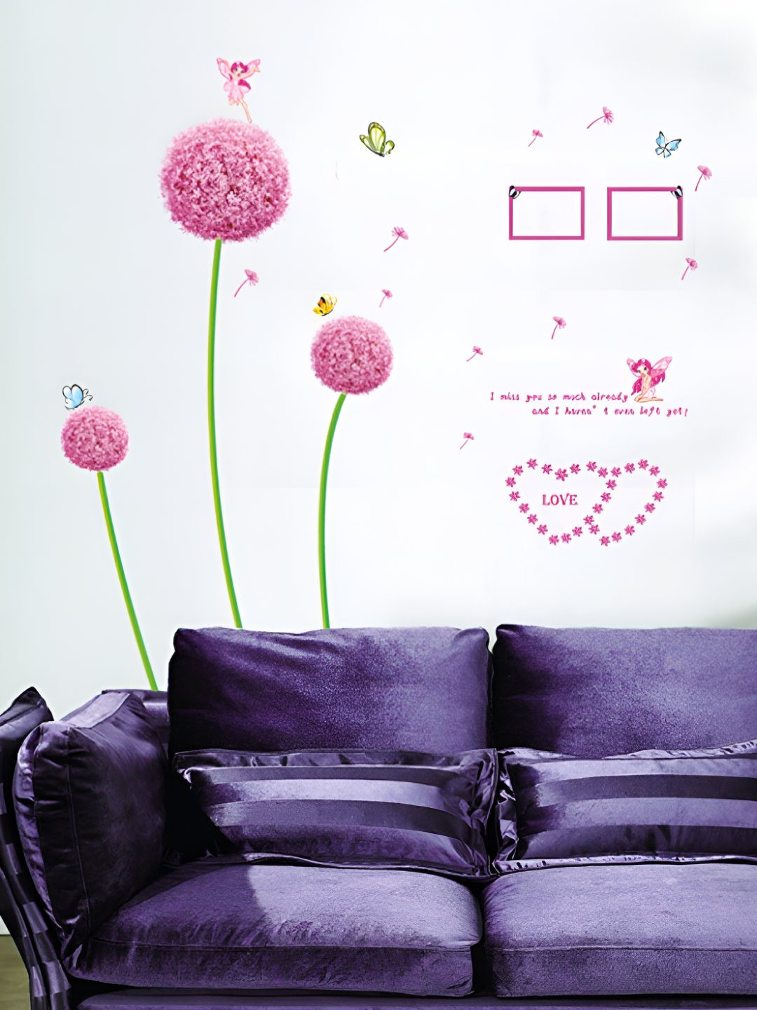 INDIAN ROYALS Pink & Green Printed Dandelion Flower Design Self Adhesive Wall Sticker