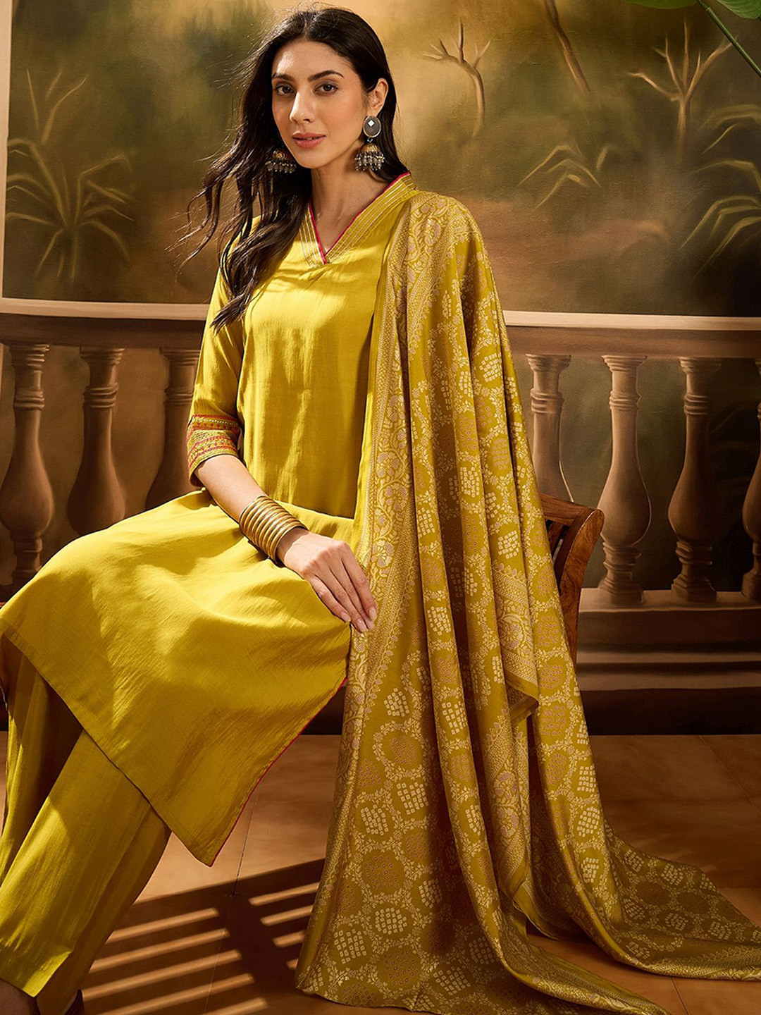 Sangria V-Neck Kurta, Trousers & Dupatta Set