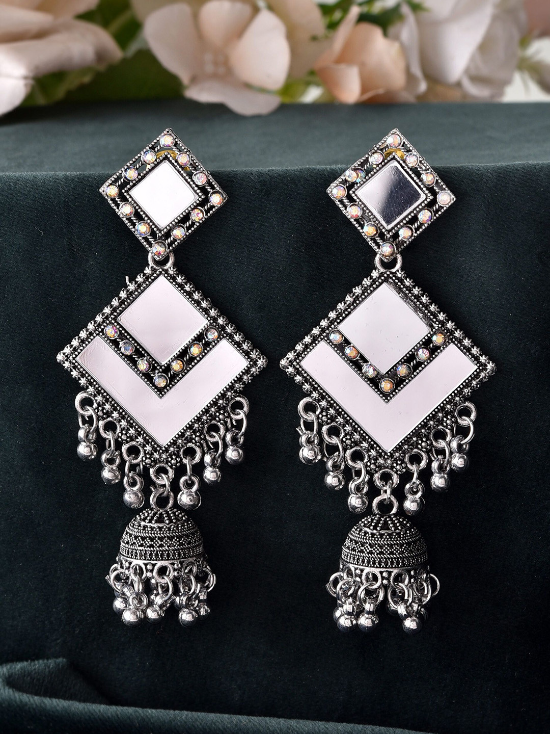 Sangria Silver Plated Mirror Studded Square Shaped Earrings