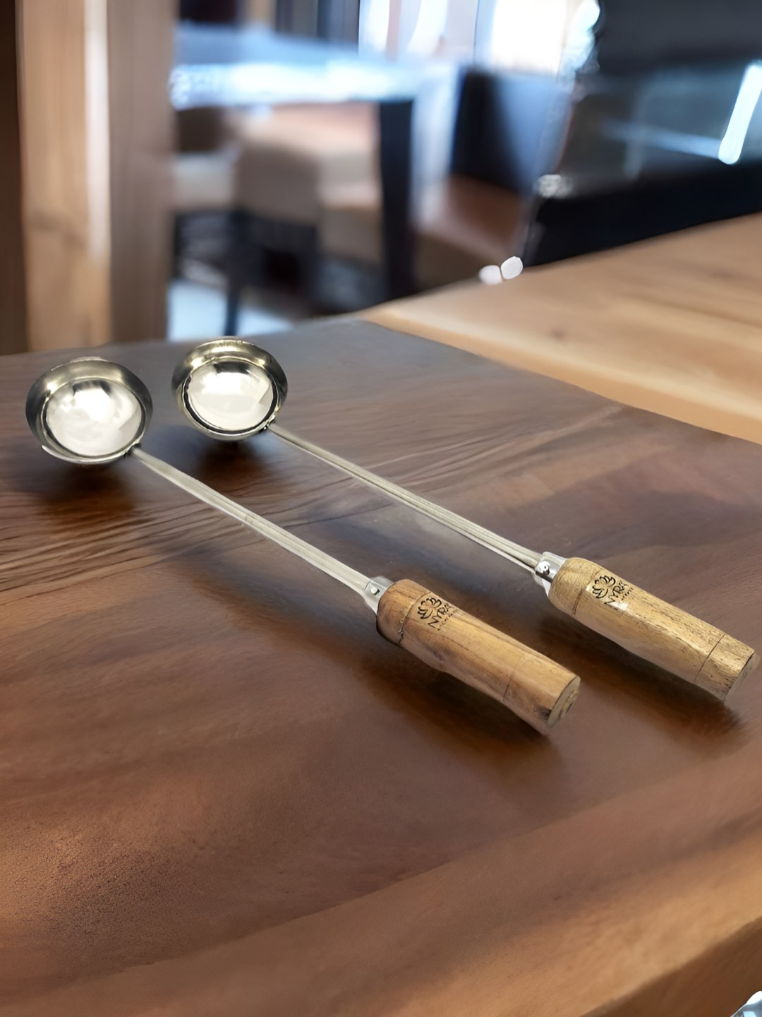 Nyra Kitchenware Silver-Toned 2 Pieces Stainless Steel Ladles With Wooden Handle-150 ml