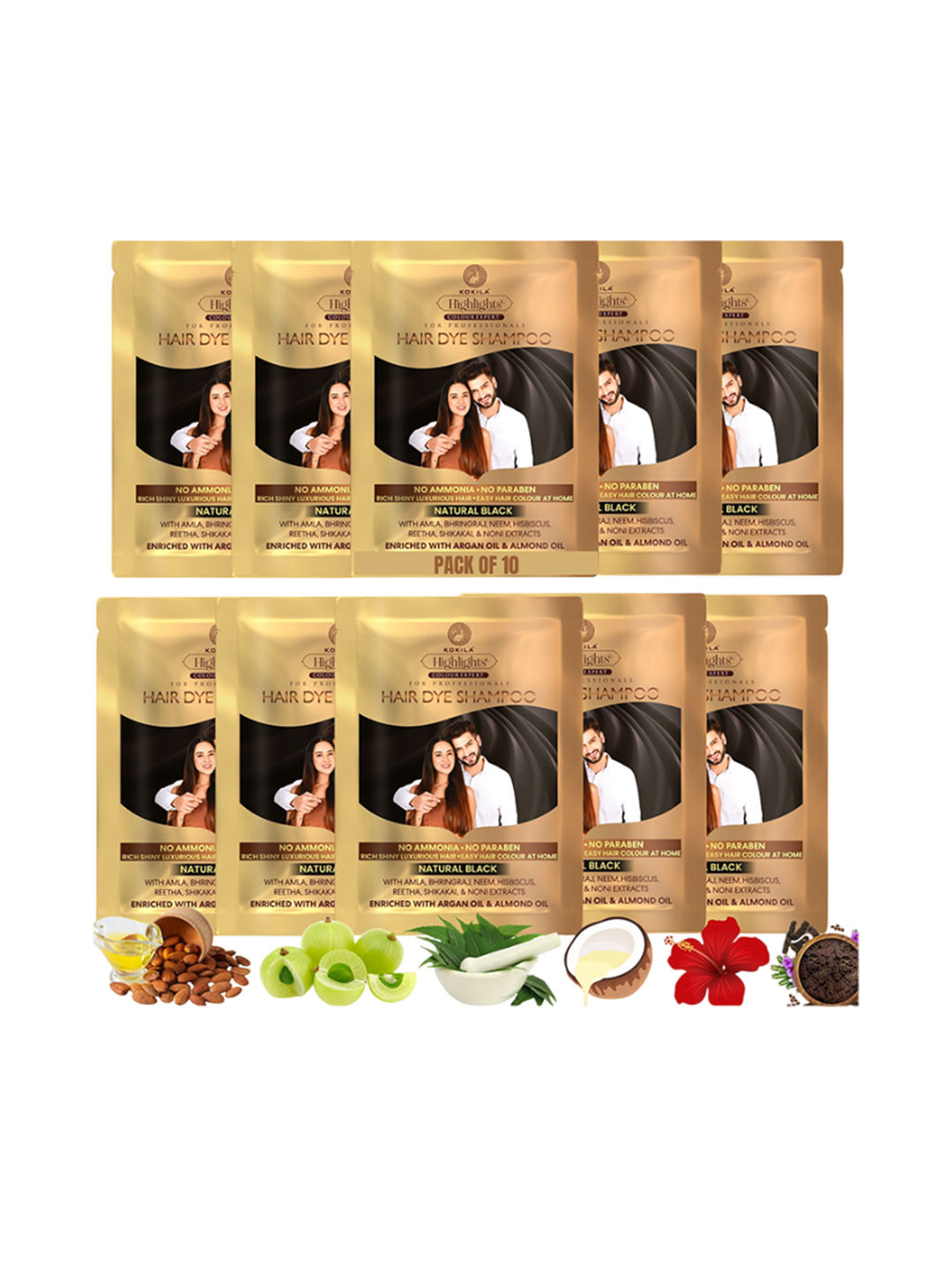 KOKILA Set Of 10 Hair Colour Shampoo Sachet With Argan Oil - 25 ml Each - Natural Black
